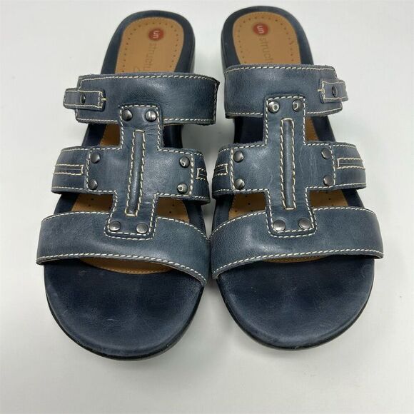 Clarks Unstructured Women's Blue Leather Slip On Wedge Sandals Size 9.5 Comfort - Picture 5 of 12